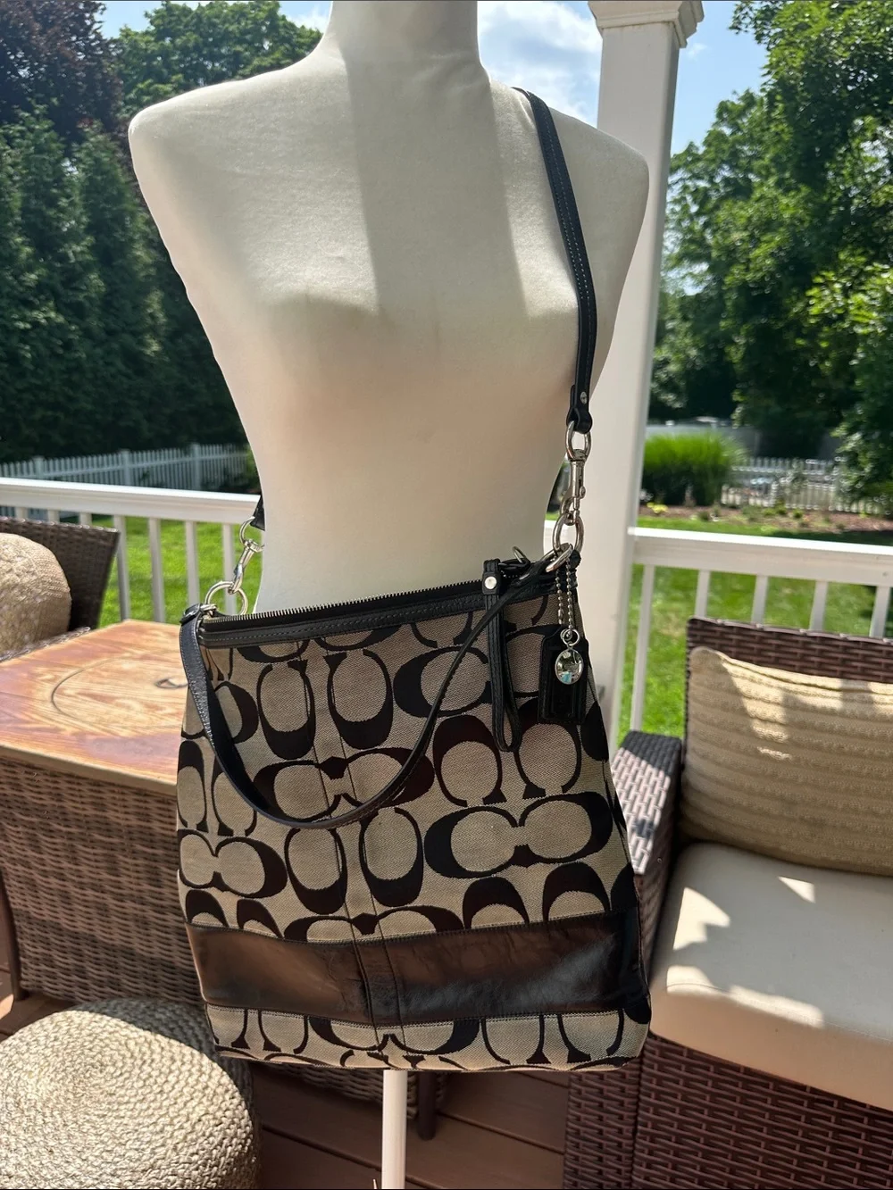 Coach Black and Beige Signature Logo Shoulder Bag